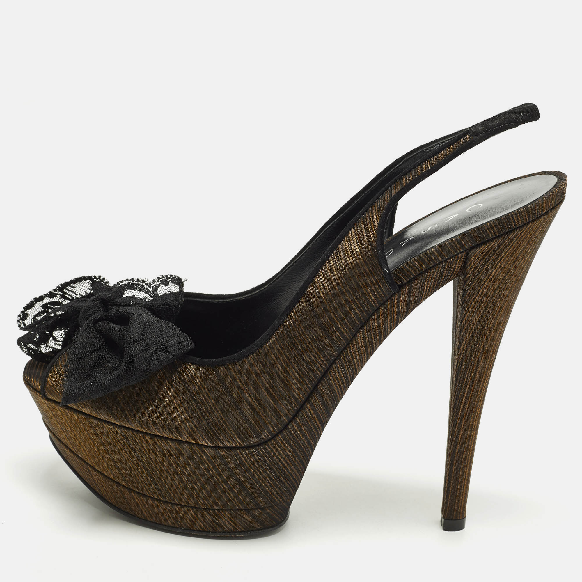 

Casadei Bow Size 39 Gold/Black Fabric and Lace Platform Sandals