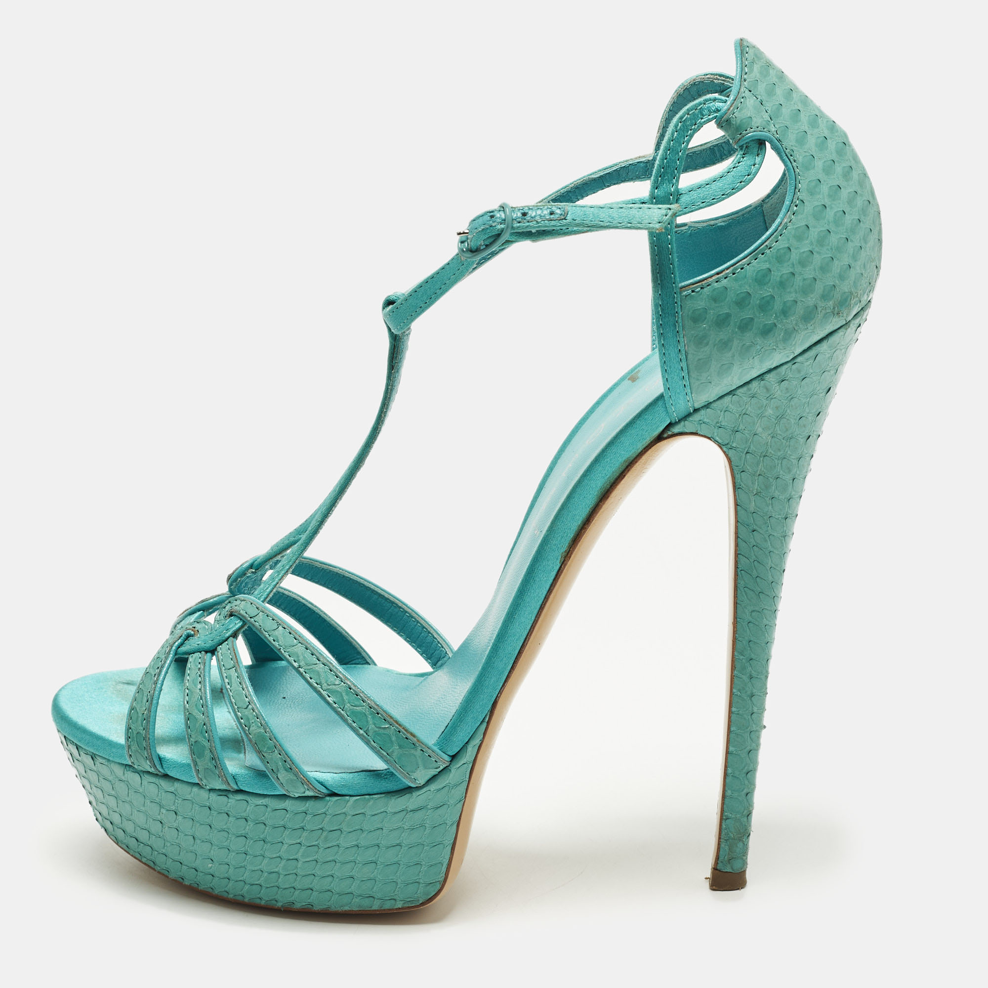

Casadei Size 39 Blue Python Leather Platform Ankle Sandals