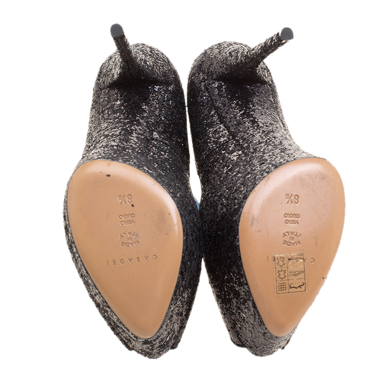 Pre-owned Casadei Black Glitter Peep Toe Platform Pumps Size 38.5