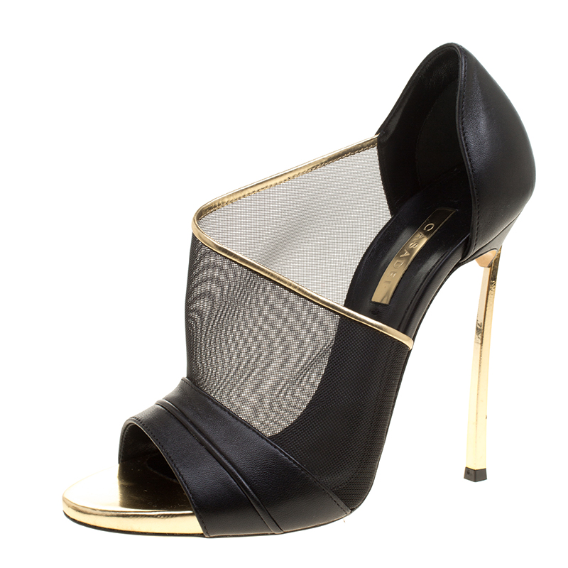 Pre Owned Casadei Black and Gold Leather and Mesh D'orsay Pumps Size 37