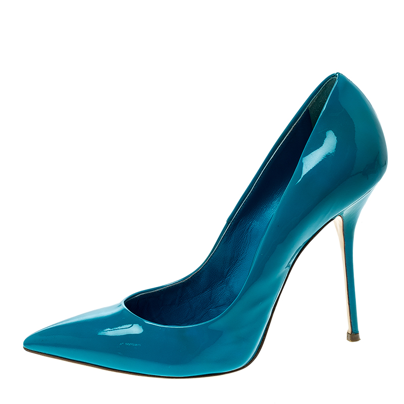 

Casadei Blue Patent Leather Tiffany Pointed Toe Pumps Size