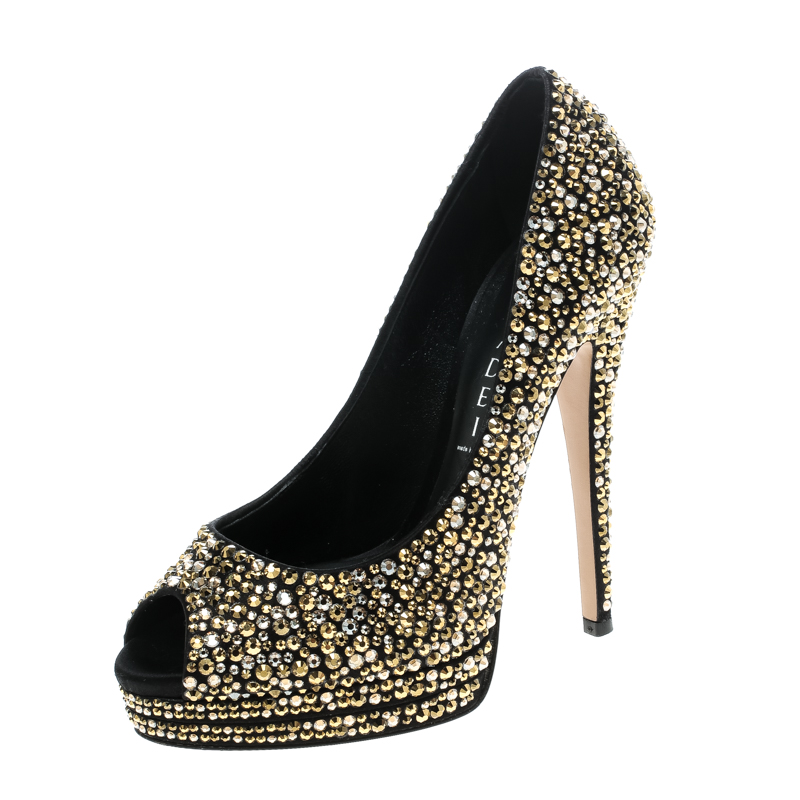 Pre Owned Casadei Black Satin Swarovski Crystal Embellished Peep Toe Pumps Size 36.5