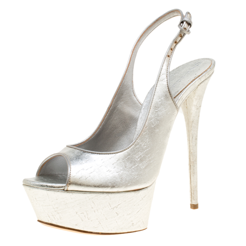 

Casadei Silver Leather Pellame Peep Toe Slingback Sandals Size