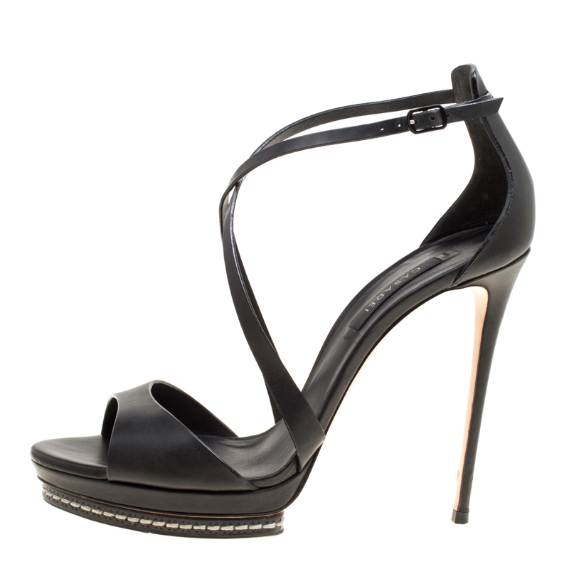 

Casadei Black Leather Cross Strap Platform Sandals Size