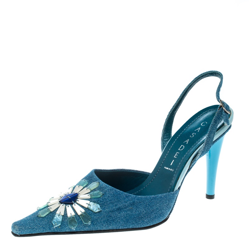 

Casadei Blue Denim Pointed Toe Slingback Sandals Size
