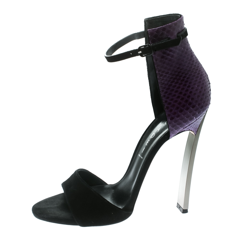 

Casadei Black Suede With Purple Python Leather Cuff Ankle Strap Open Toe Sandals Size