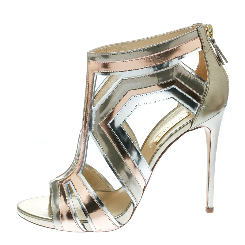 

Casadei Tricolor Metallic Leather Cut Out Peep Toe Sandals Size