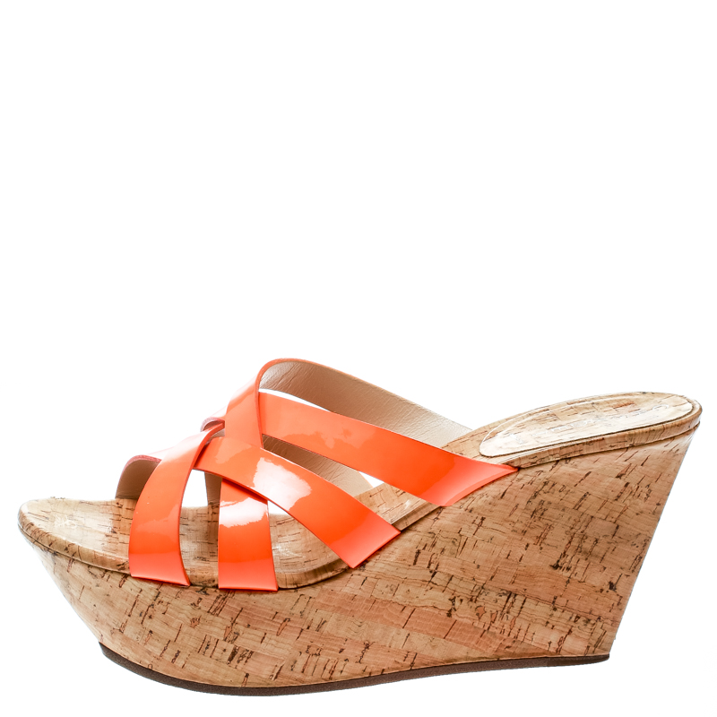 

Casadei Orange Patent Leather Cross Strap Cork Wedge Platform Sandals Size