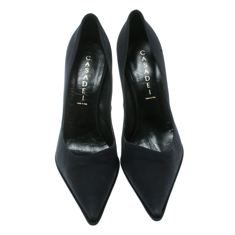 Pre-owned Casadei Navy Blue Satin Pointed Toe Pumps Size 38.5 In Black