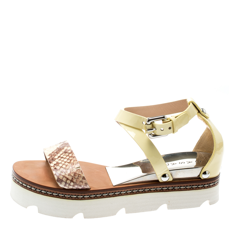 Pre-owned Casadei Yellow Patent Leather And Two Tone Python Embossed Leather Cross Strap Platform Sandals Size 37
