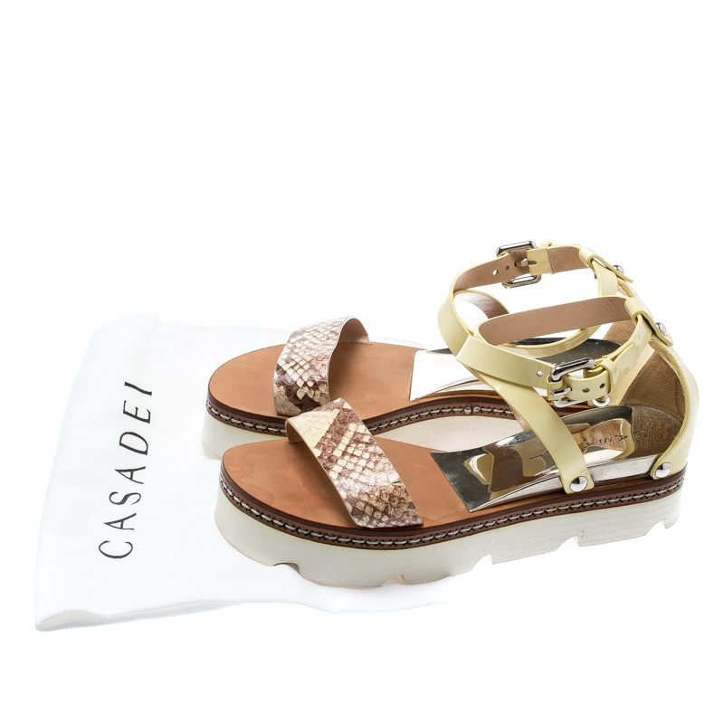 Pre-owned Casadei Yellow Patent Leather And Two Tone Python Embossed Leather Cross Strap Platform Sandals Size 37