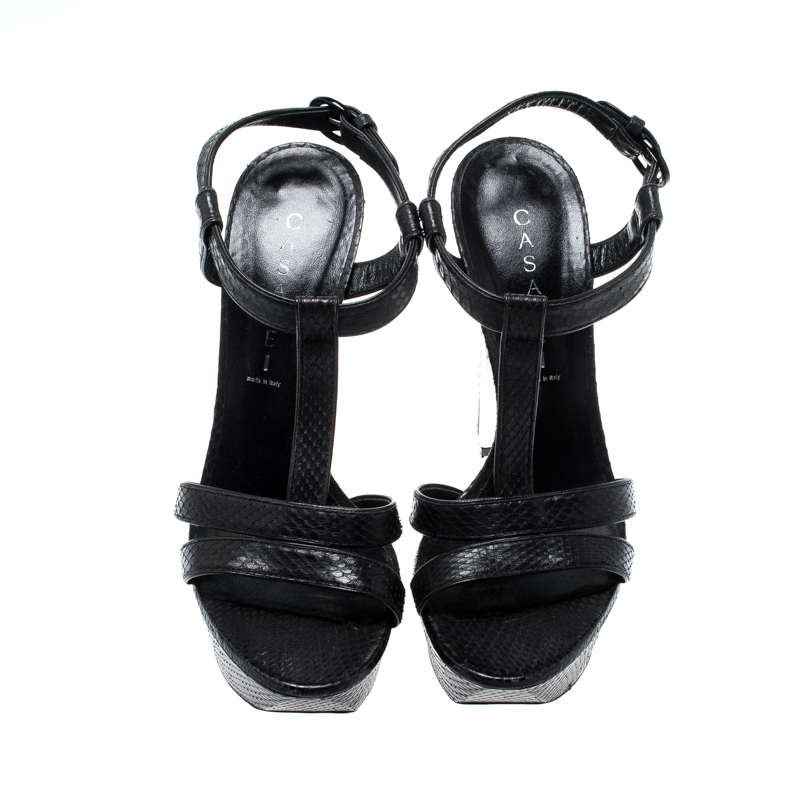 Casadei Black Python Embossed Leather Ankle Strap Platform Sandals Size 39