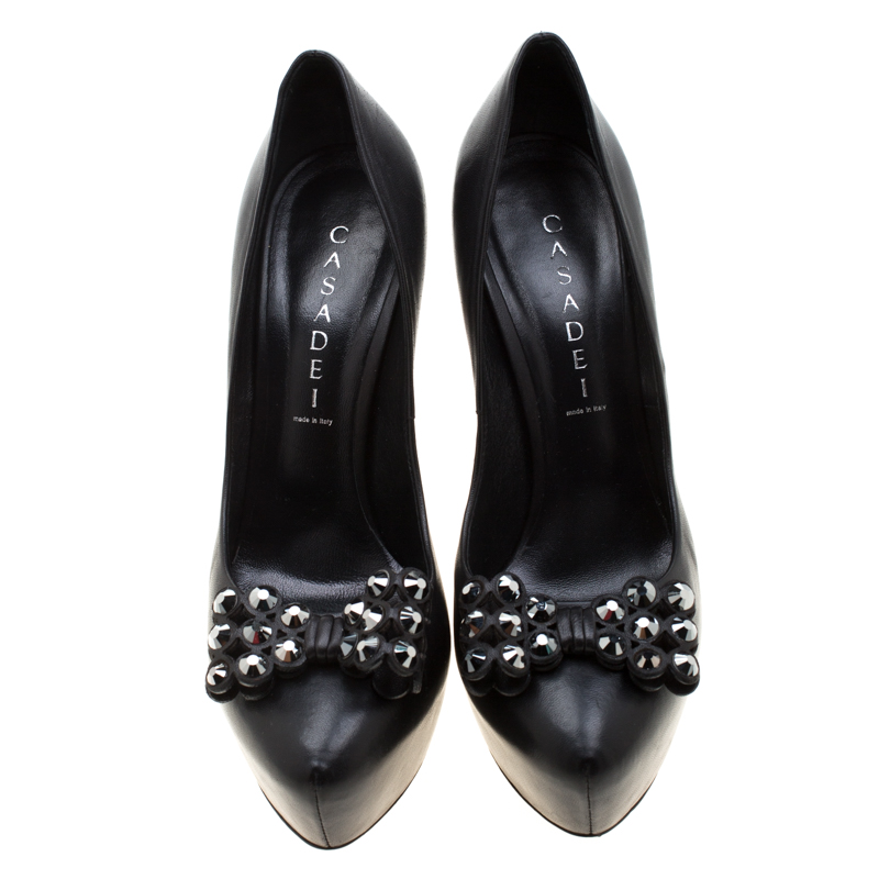 Casadei Black Leather Embellished Bow Platform Pumps Size 38.5
