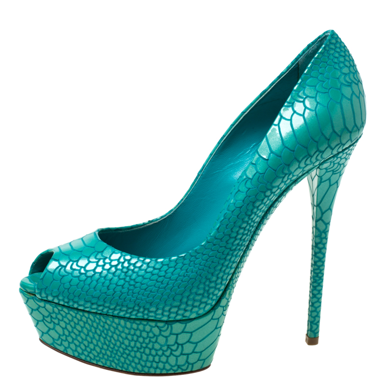 

Casadei Blue Python Embossed Patent Leather Peep Toe Platform Pumps