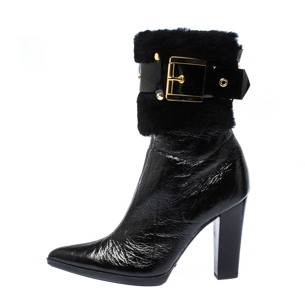 

Casadei Black Patent Leather and Fur Buckle Belted Ankle Boots Size