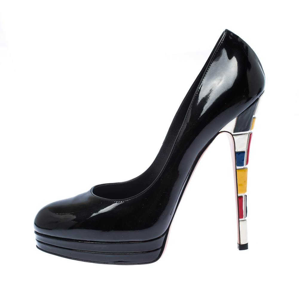

Casadei Black Patent Leather Embellished Heel Platform Pumps Size