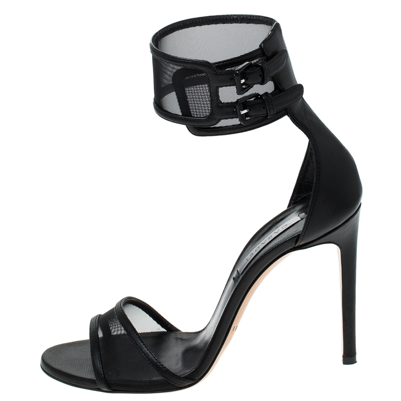 

Casadei Black Mesh and Leather Open Toe Double Buckle Ankle Strap Sandals Size