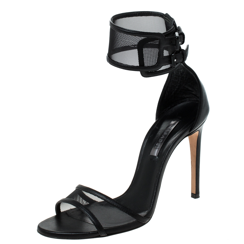 Pre Owned Casadei Black Mesh and Leather Open Toe Double Buckle Ankle Strap Sandals Size 36