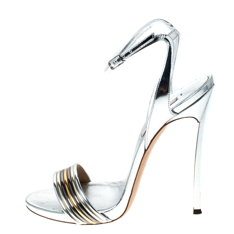 

Casadei Metallic Silver Leather Blade Ankle Strap Sandals Size