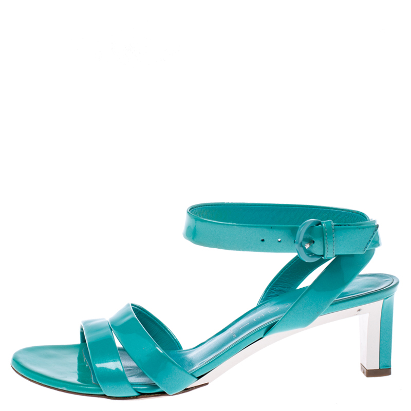 Casadei Turquoise Patent Leather Open Toe Cross Strap Mid Heel Sandals Size 36, Green  - buy with discount