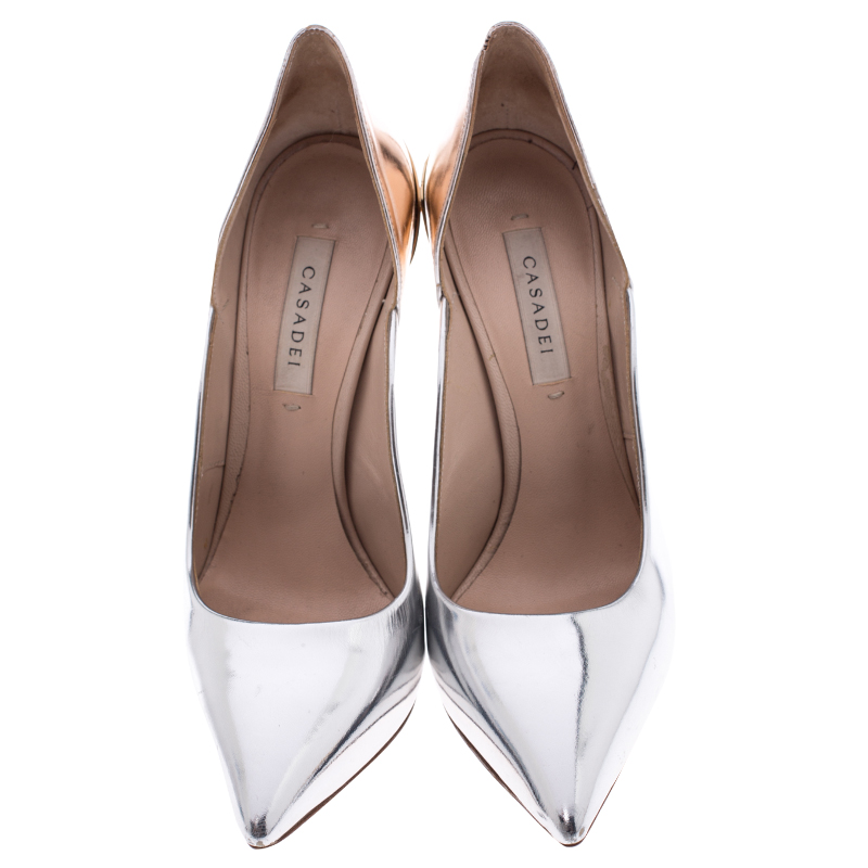 Pre-owned Casadei Metallic Two Tone Leather Leather Pointed Toe Pumps Size 35 In Silver