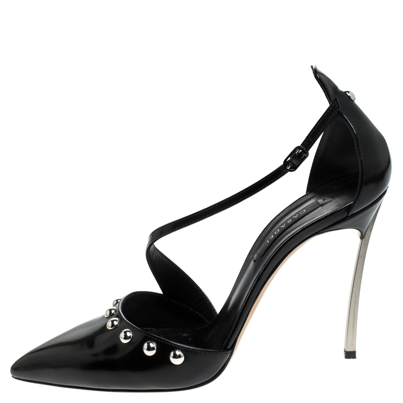 

Casadei Black Leather Embellished Ankle Strap Sandals Size