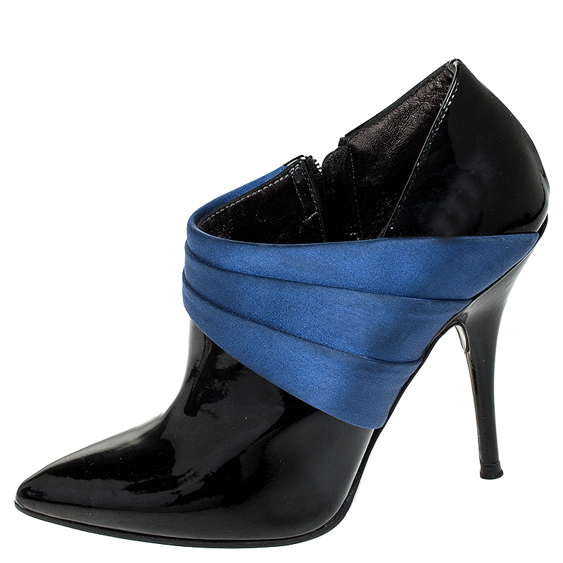 

Casadei Black Patent Leather And Blue Satin Ankle Booties Size