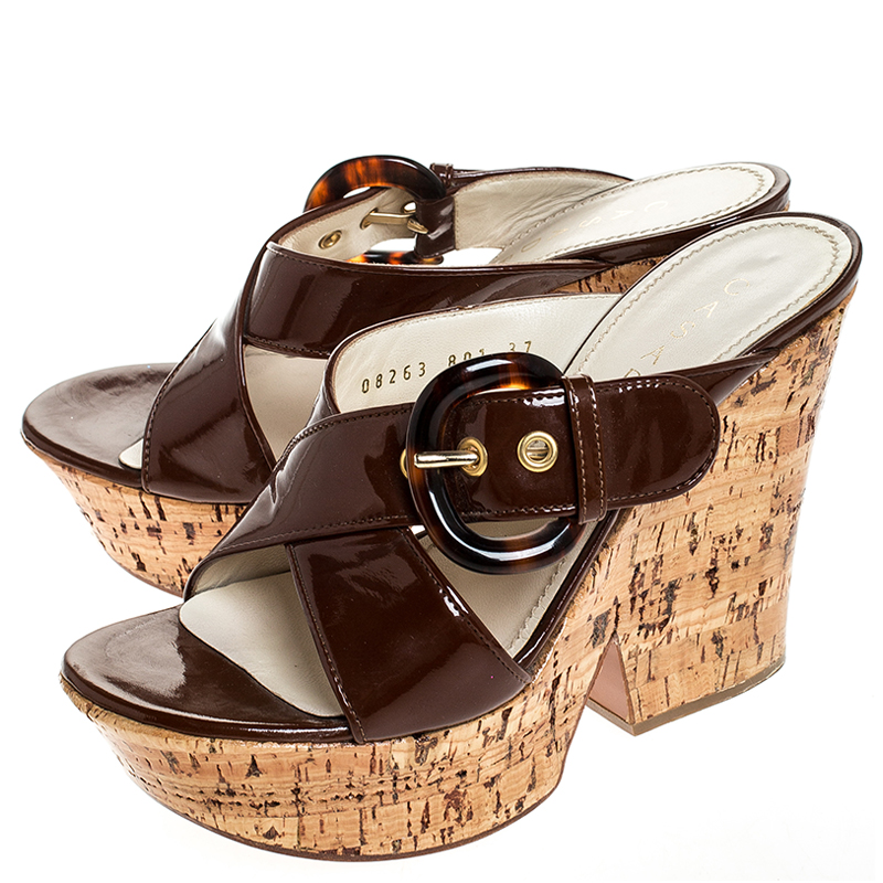 Casadei Brown Buckle Crisscross Patent Leather Cork Wedge Sandals Size 37