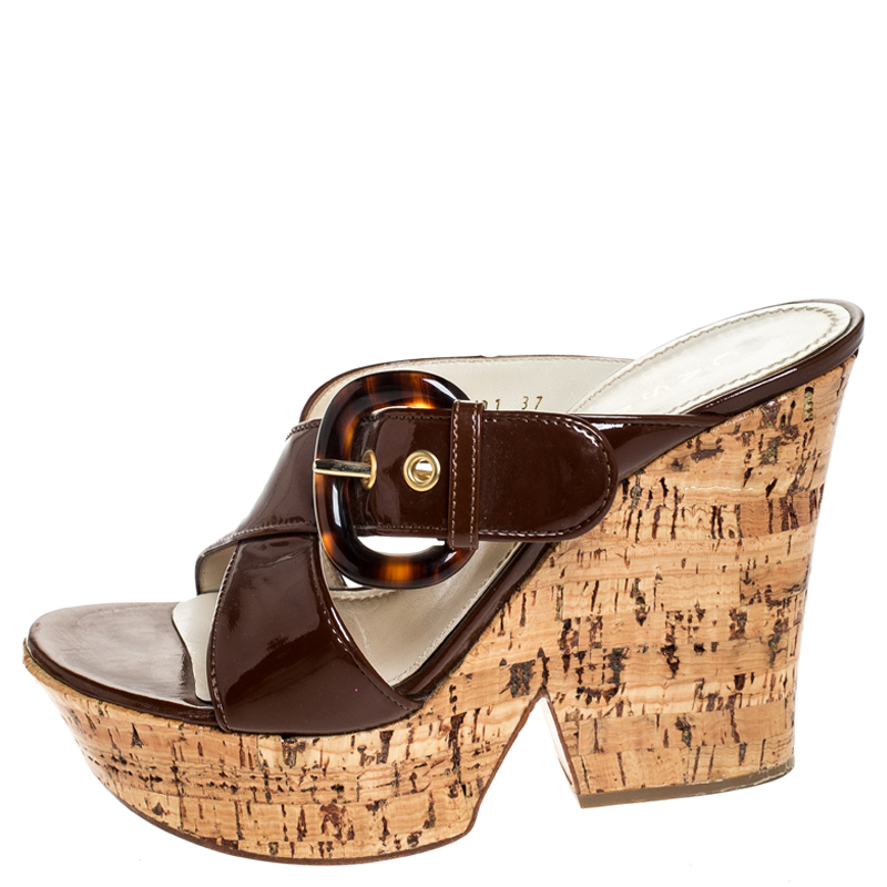 

Casadei Brown Buckle Crisscross Patent Leather Cork Wedge Sandals Size