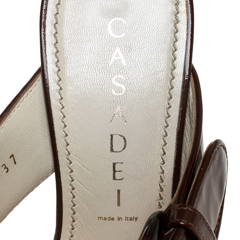 Casadei Brown Buckle Crisscross Patent Leather Cork Wedge Sandals Size 37
