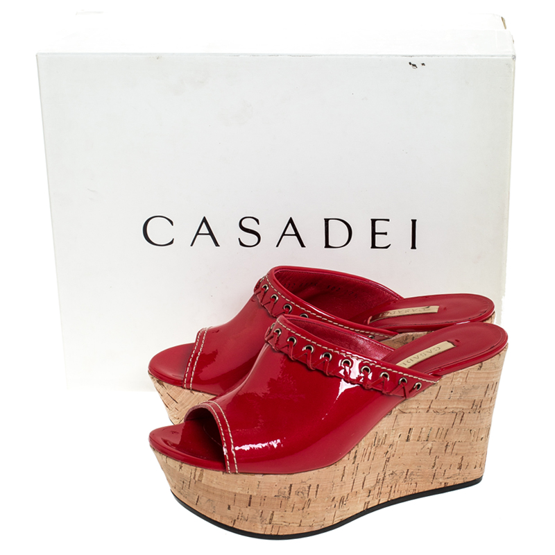 Casadei Red Patent Leather Cork Platform Wedge Sandals Size 37.5