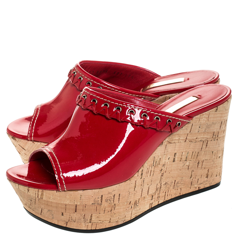 Casadei Red Patent Leather Cork Platform Wedge Sandals Size 37.5