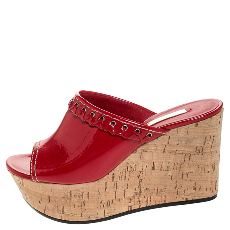 

Casadei Red Patent Leather Cork Platform Wedge Sandals Size