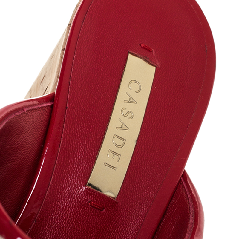 Casadei Red Patent Leather Cork Platform Wedge Sandals Size 37.5