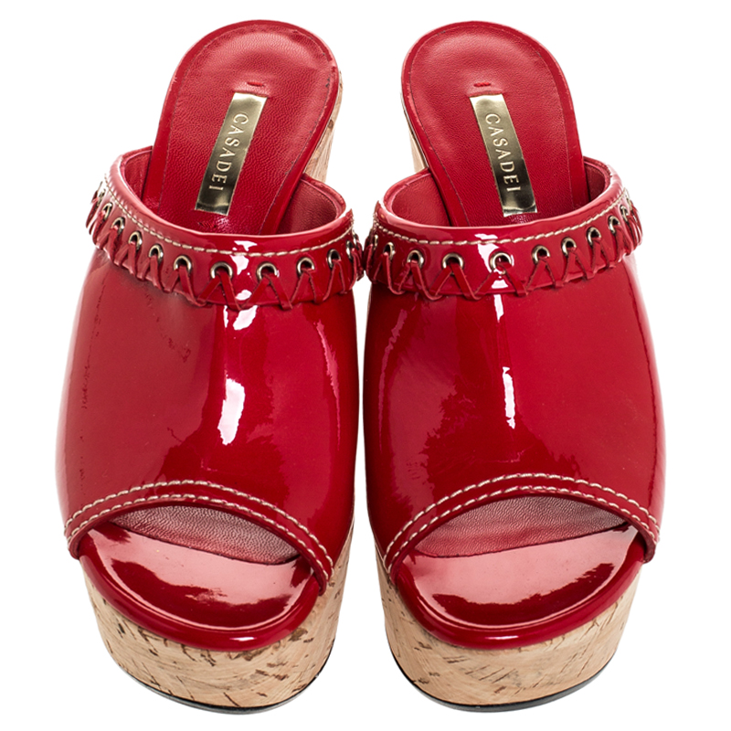 Casadei Red Patent Leather Cork Platform Wedge Sandals Size 37.5