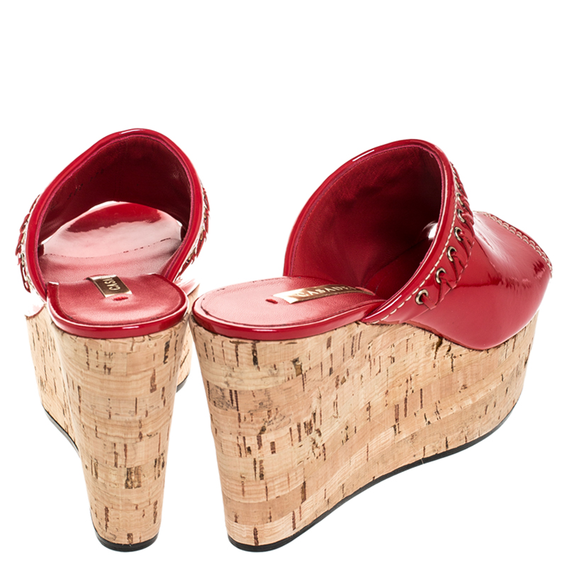 Casadei Red Patent Leather Cork Platform Wedge Sandals Size 37.5