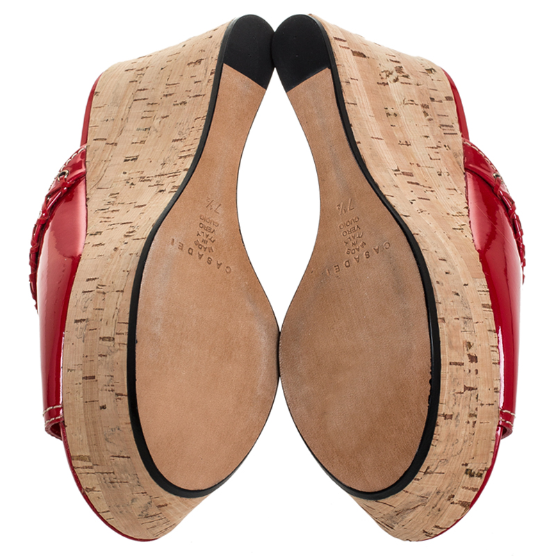 Casadei Red Patent Leather Cork Platform Wedge Sandals Size 37.5