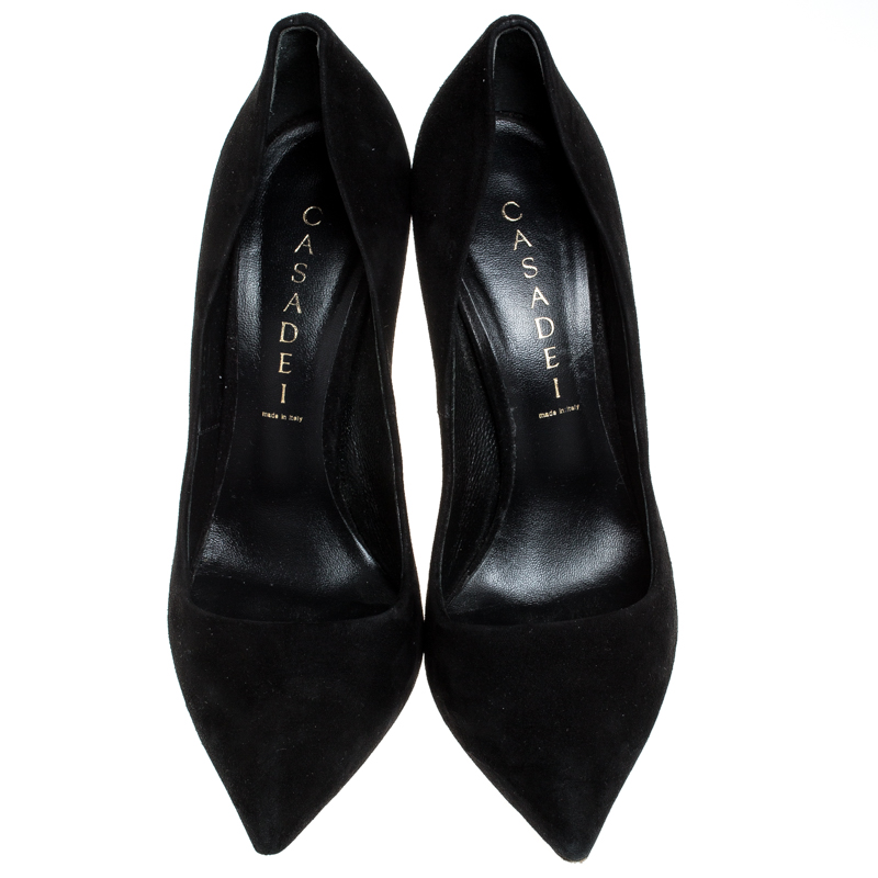 Casadei Black Suede Leather Pointed Toe Pumps Size 37.5