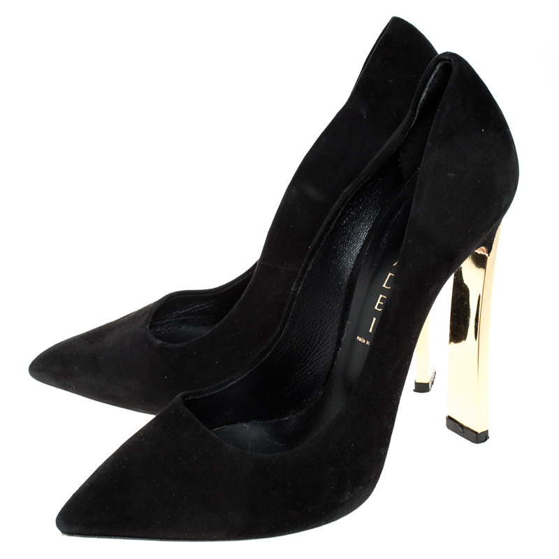 Casadei Black Suede Leather Pointed Toe Pumps Size 37.5