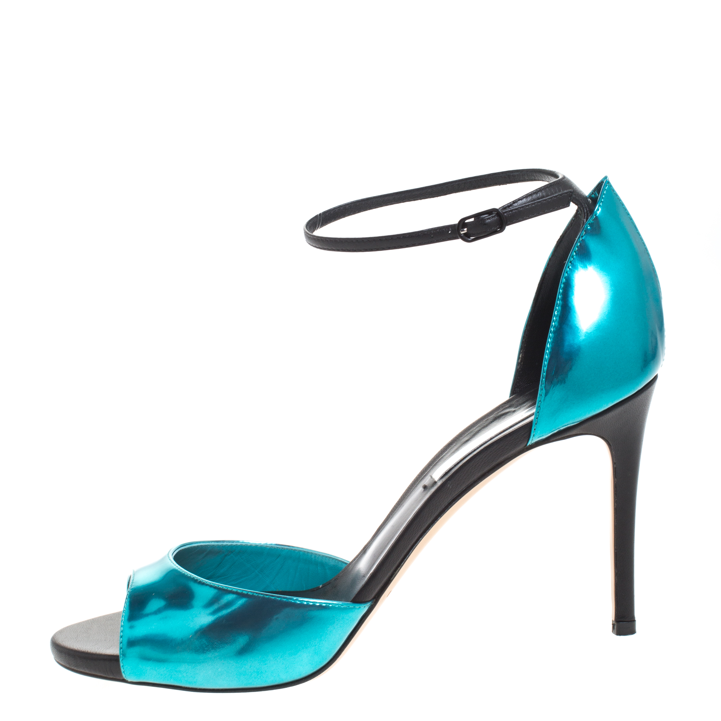 

Casadei Black/Metallic Teal Leather Candylux Ankle Strap Peep Toe Sandals Size