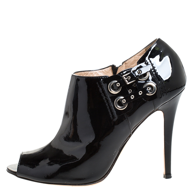 

Casadei Black Patent Leather Peep Toe Buckle Booties Size