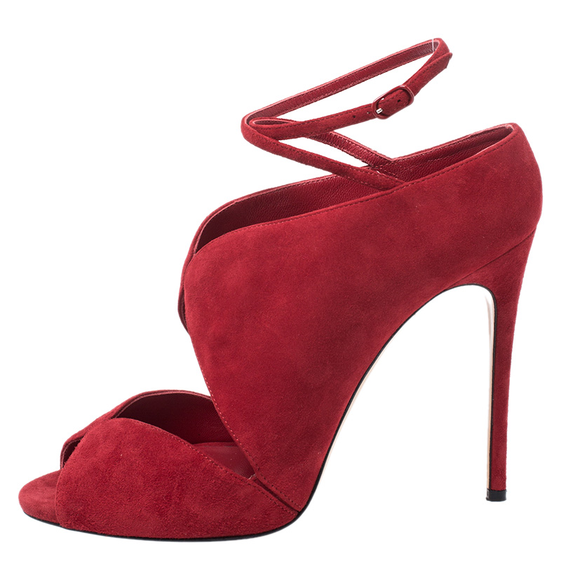 

Casadei Red Cut Out Suede Ankle Wrap Sandals Size