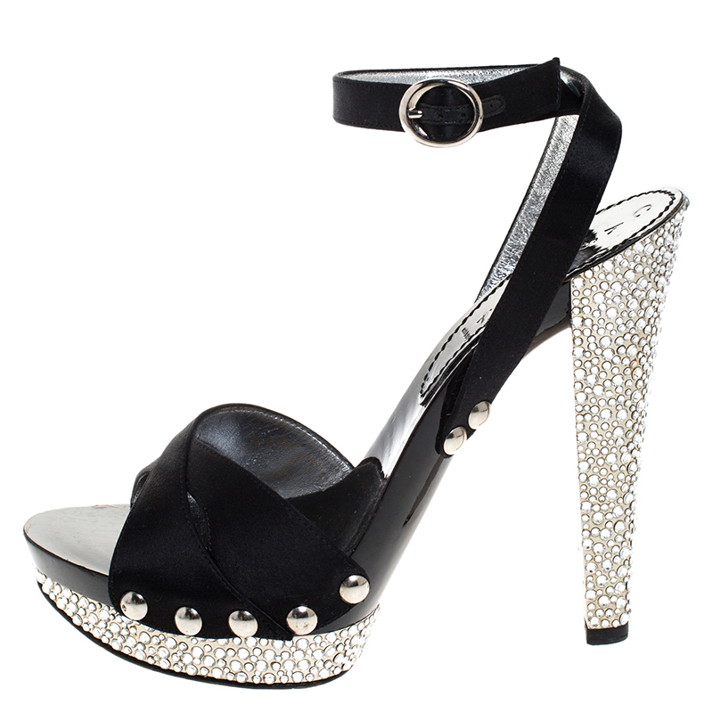 

Casadei Black Satin Crystal Embellished Heel Ankle Wrap Platform Sandals Size