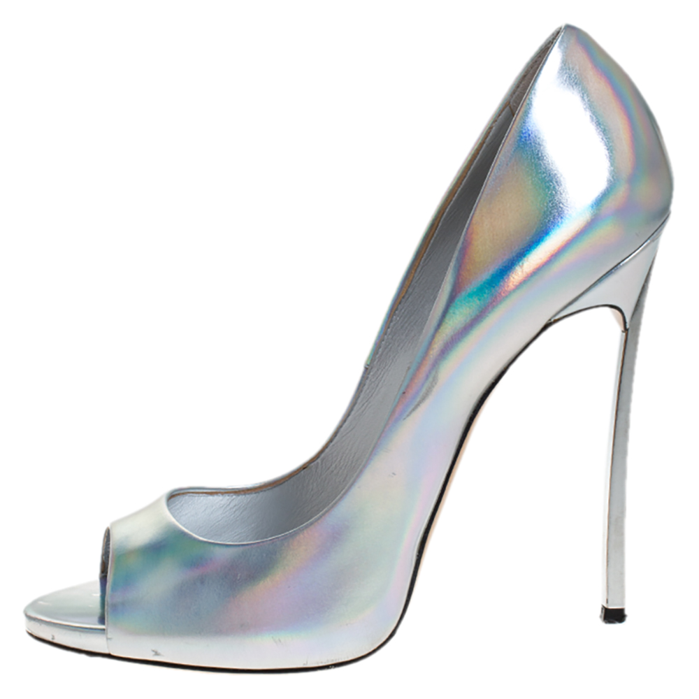 

Casadei Silver Leather Peeptoe Peep Toe Pumps Size