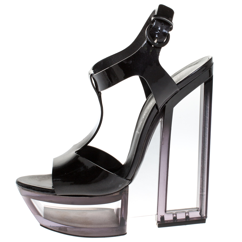 

Casadei Black Patent Leather Cut Out Plexiglass Heel And Platform Ankle Strap Sandals Size