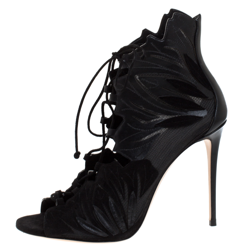 

Casadei Black Laser Cut Mesh,Suede and Leather Peep Toe Lace Up Booties Size