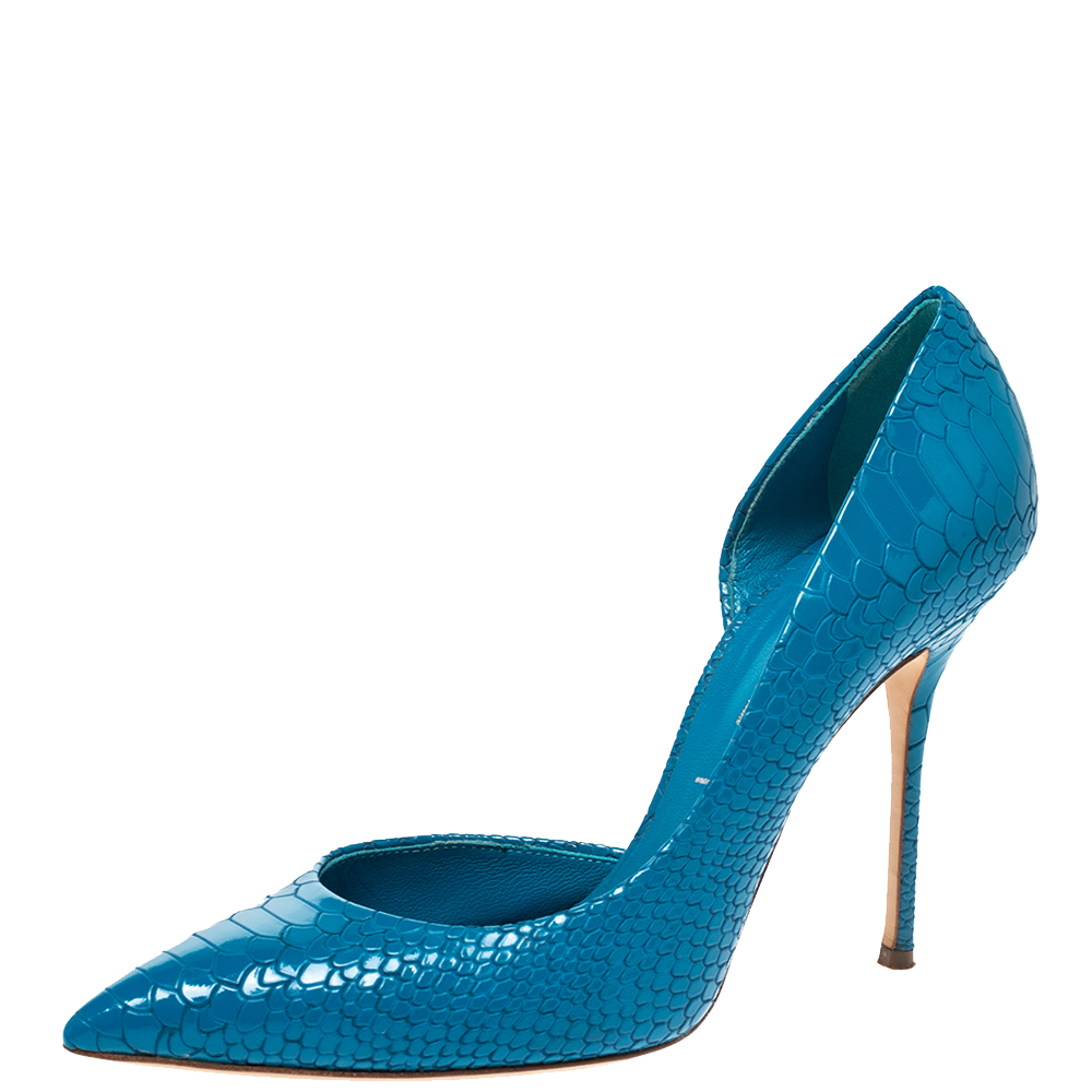 Pre Owned Casadei Blue Python Embossed Patent Leather Pointed Toe D'orsay Pumps 37