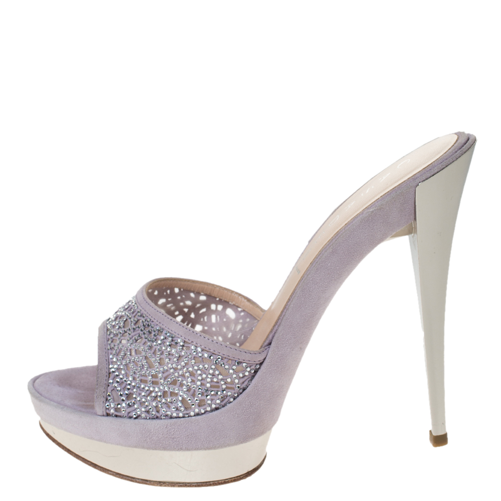 

Casadei Lilac Suede Crystal Embellished Platform Open Toe Platform Slide Sandals Size, Purple