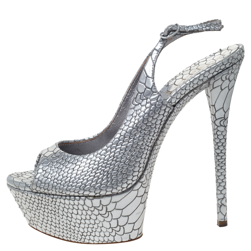 

Casadei Silver Python Embossed Leather Peep Toe Platform Slingback Sandals Size
