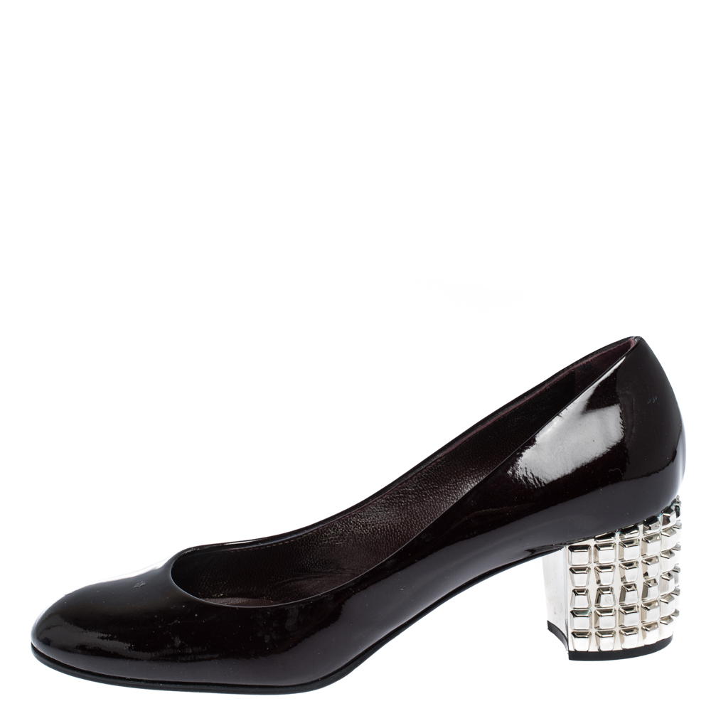 

Casadei Dark Burgundy Patent Leather Block Metal Heel Pumps Size
